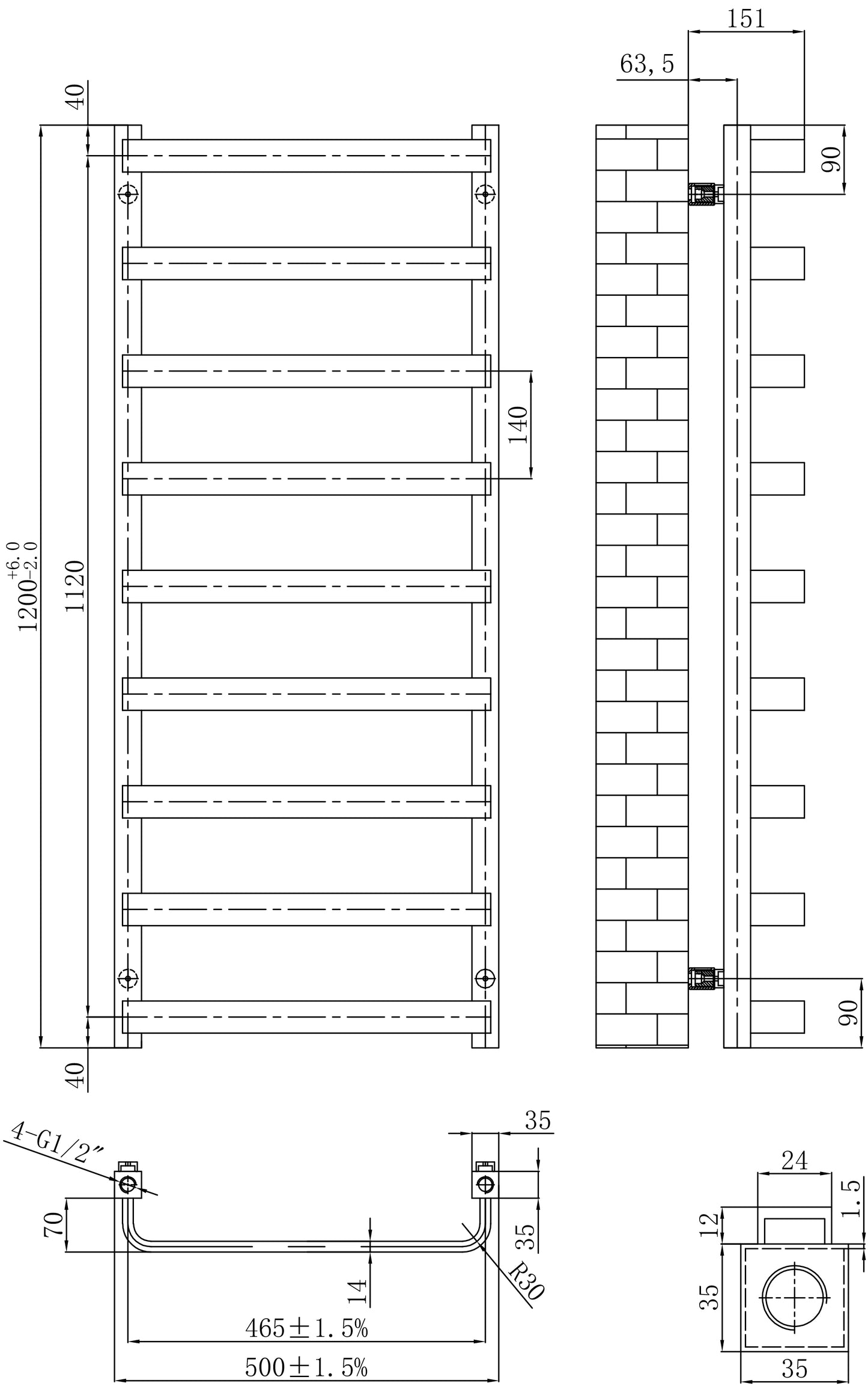 NEW Hastings brushed bronze 1200x500mm Towel radiator