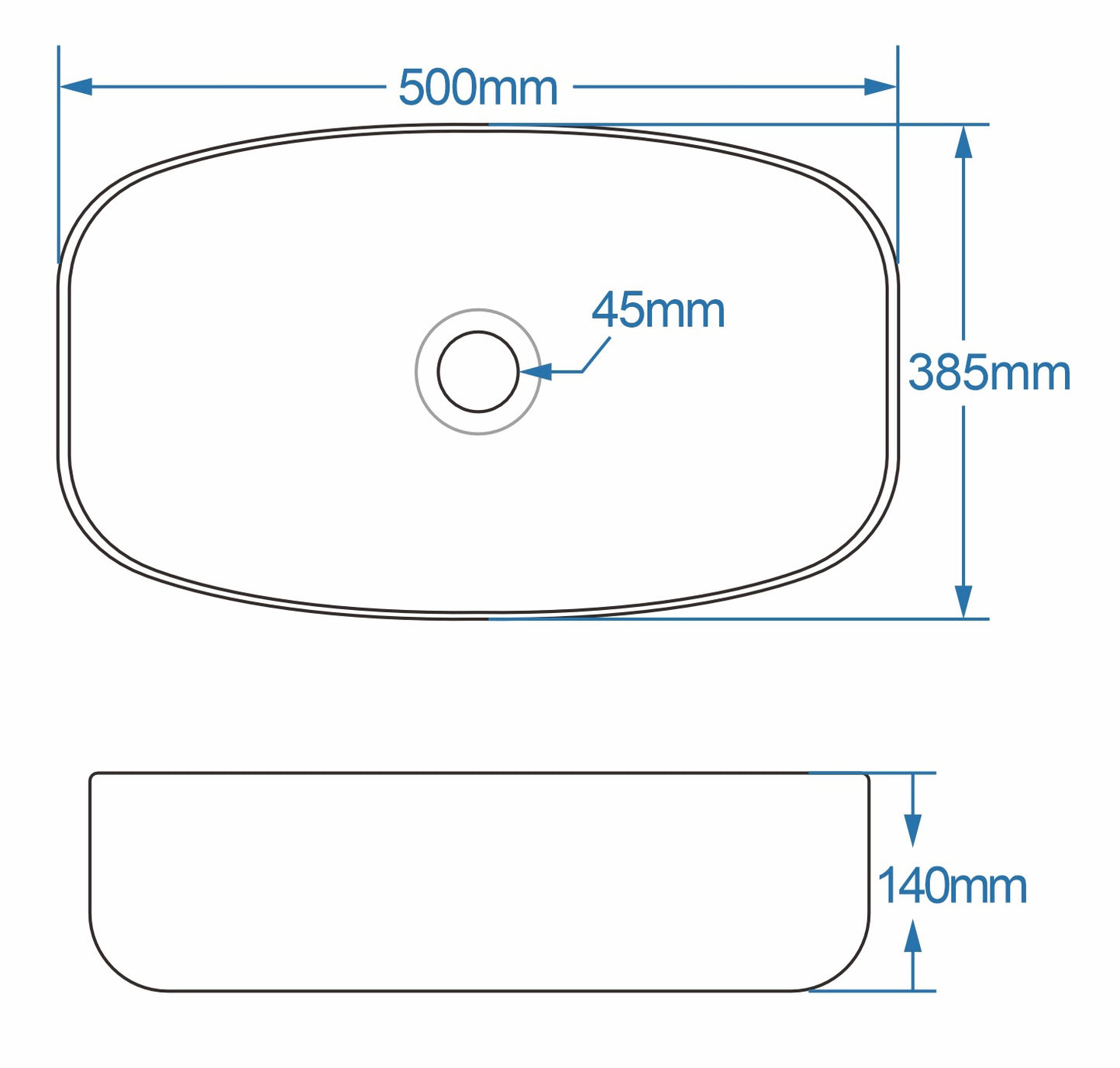 Lucca counter top ceramic basin 500mm
