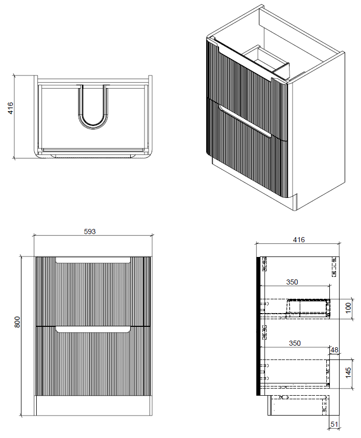 Monza Fluted 600 floor standing 2 drawer vanity unit Shadow grey