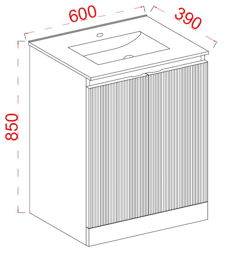 Plumb essentials Fluted 600 2 door white gloss vanity unit and basin