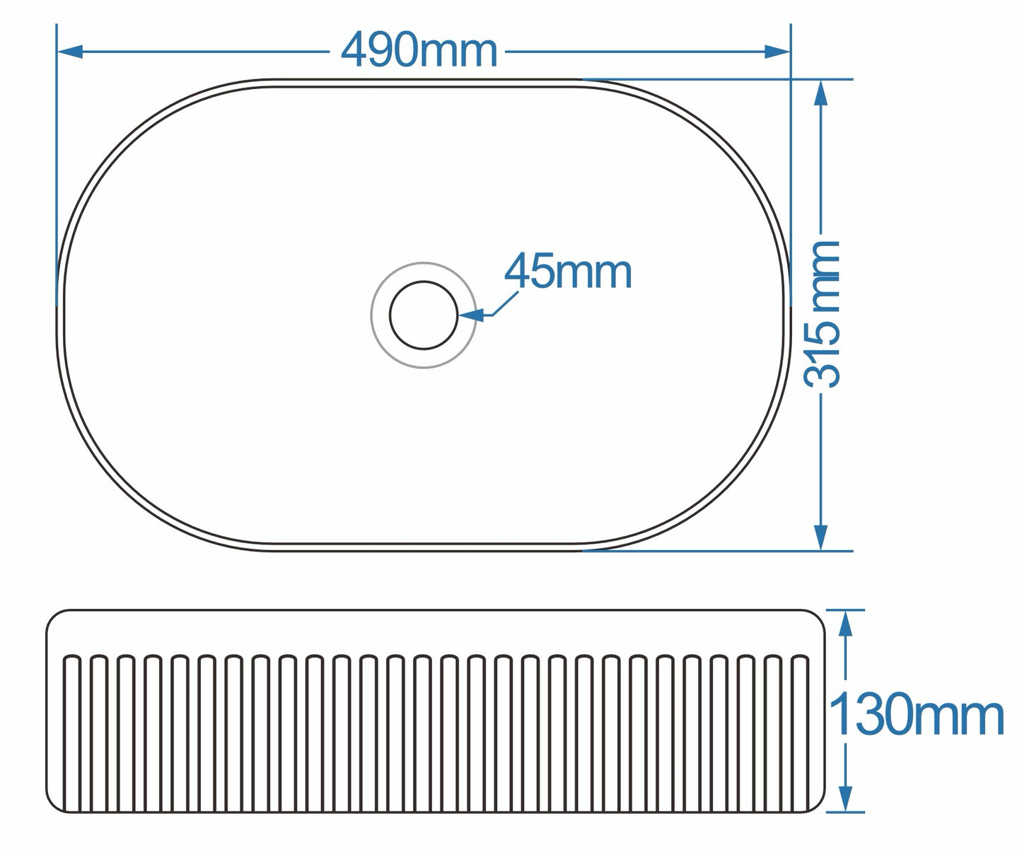 Flauto fluted oval counter top basin 490mm