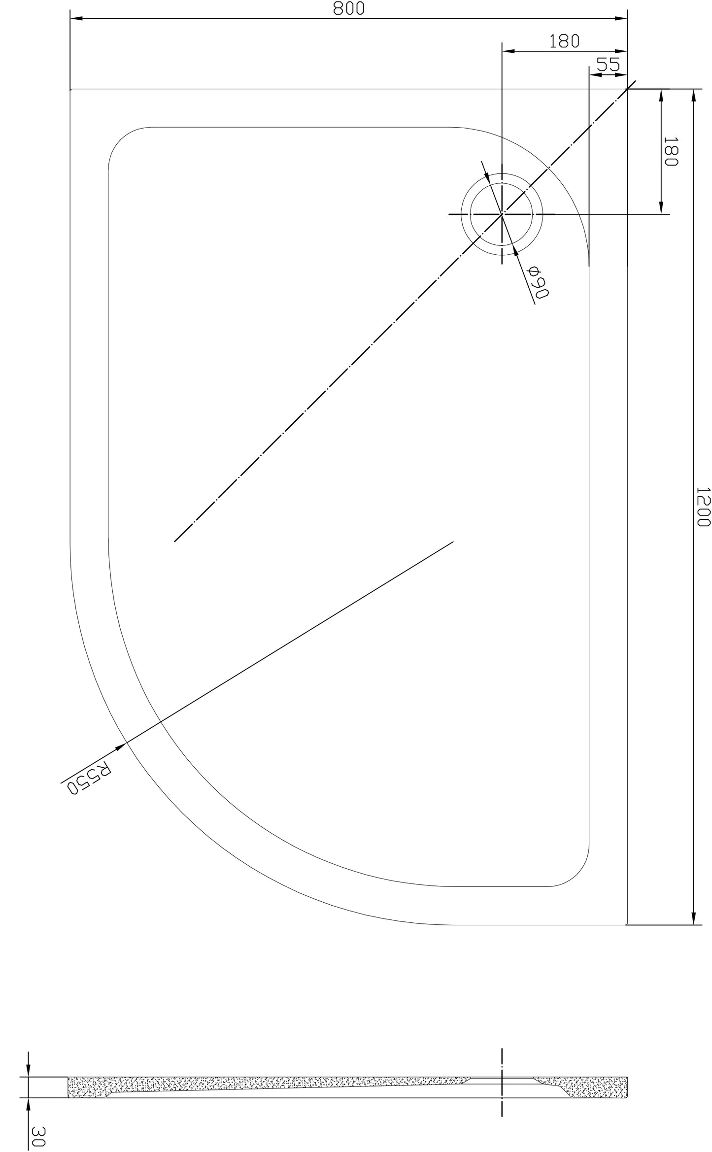 1200x800 Offset Quadrant stone resin tray Right hand