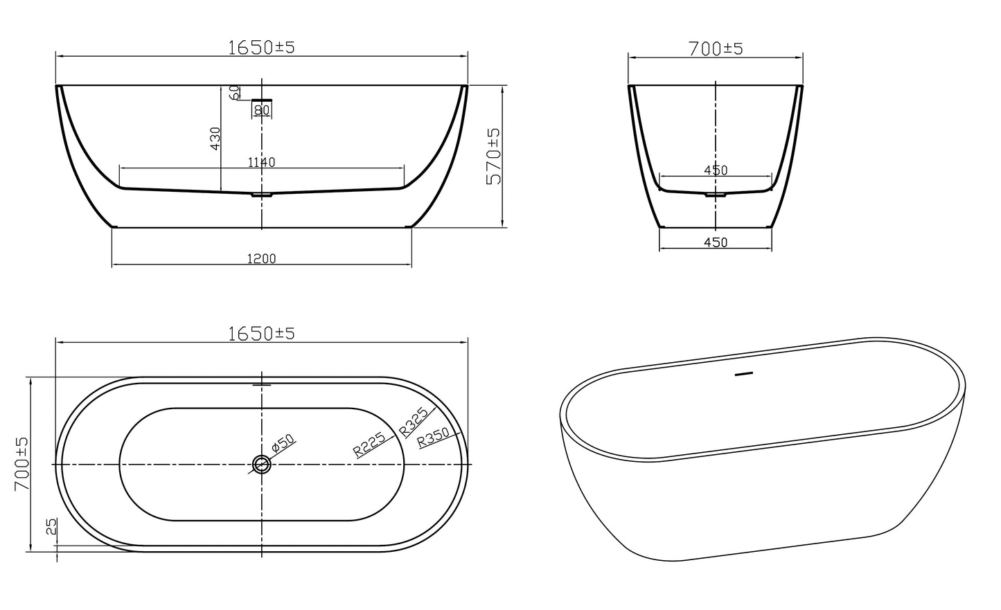 Amalfi Freestanding bath 1650x700xH570 in white