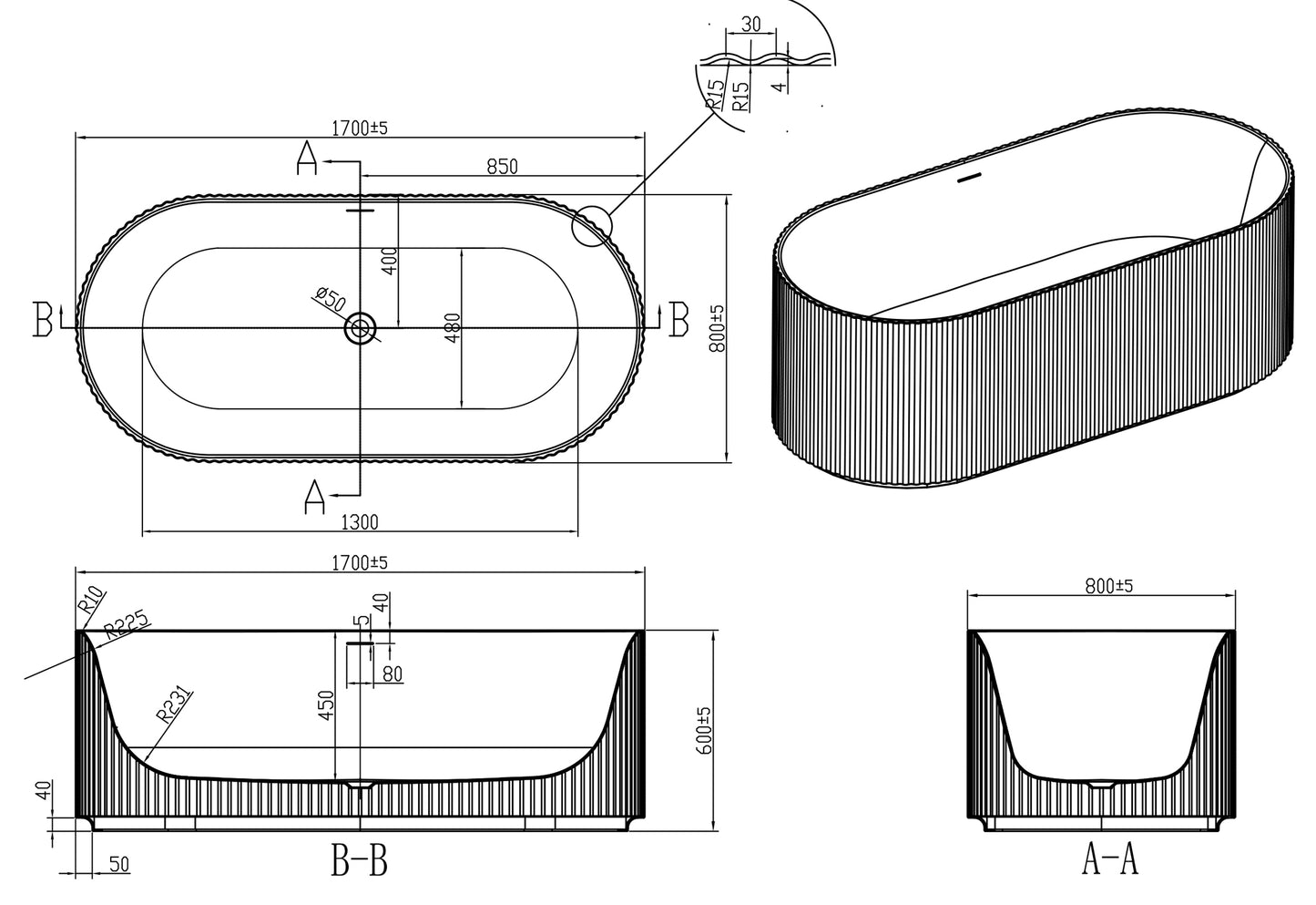 Flauto Fluted freestanding bath 1700x800xH600