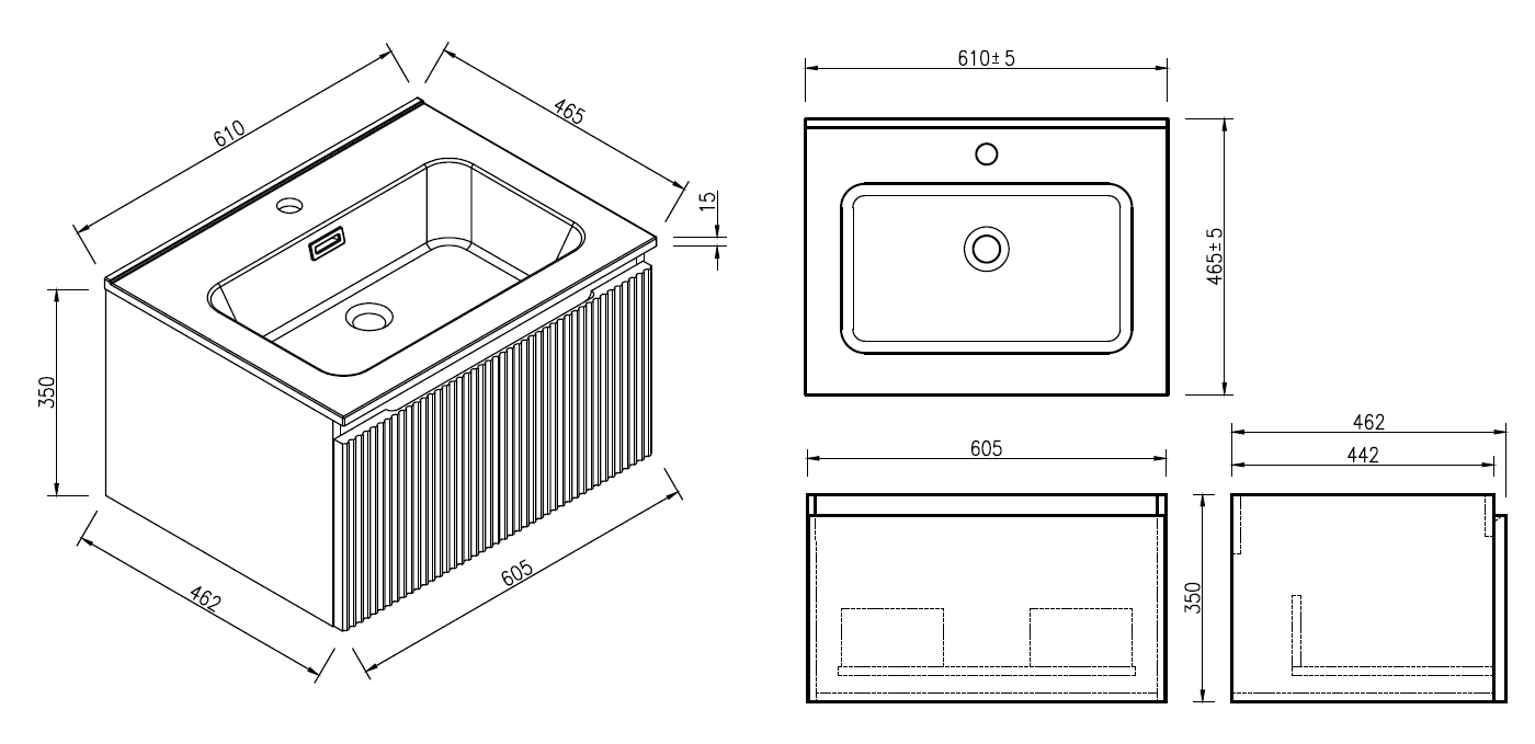 Flauto fluted wall hung vanity unit 600mm soft coffee 4360