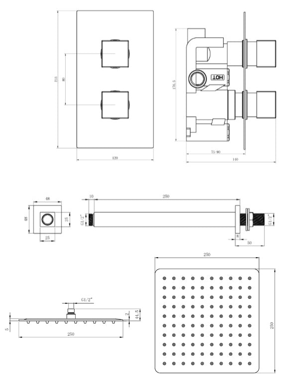 Chrome Square dual concealed shower valve 1 outlet complete set TIS0008C