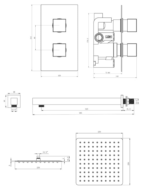 Chrome Square dual concealed shower valve 1 outlet complete set TIS0008