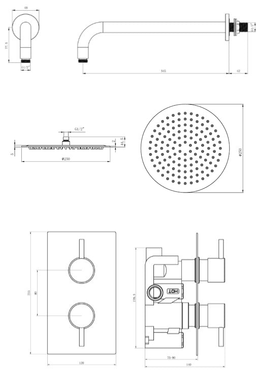 Chrome Round dual concealed shower valve 1 outlet complete set TIS0009