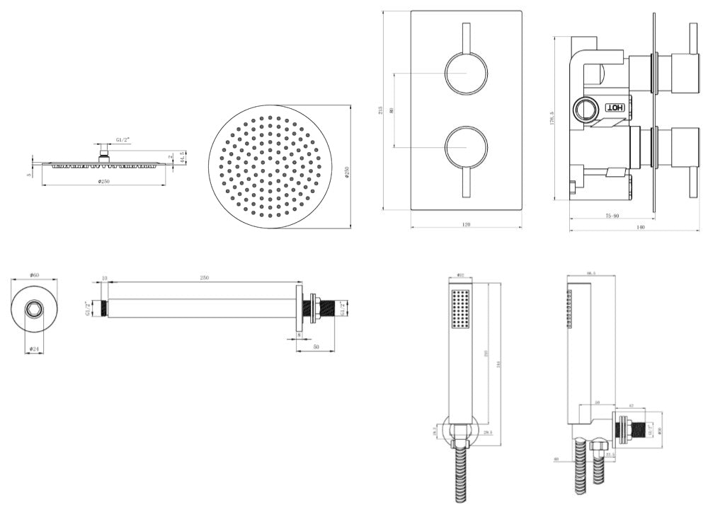 Chrome Round dual concealed shower valve 2 outlet complete set TIS0011C