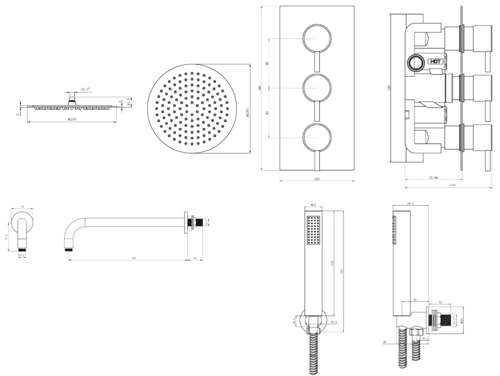 Chrome Round Triple concealed shower valve 2 outlet complete set TIS0013