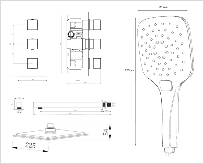 Black Square Triple concealed shower valve 2 outlet complete set TIS0132