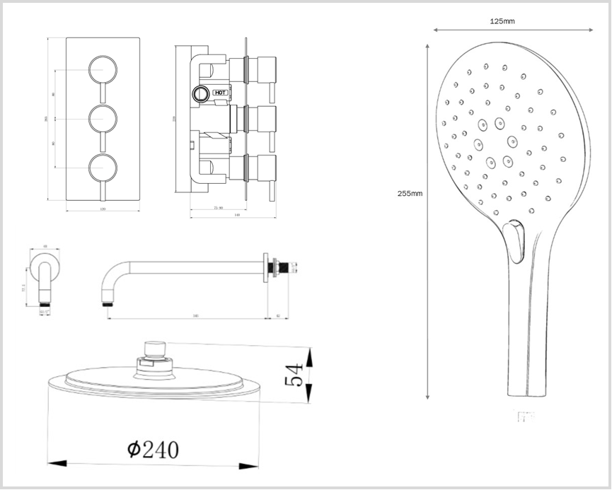 Black Round Triple concealed shower valve 2 outlet complete set TIS0133