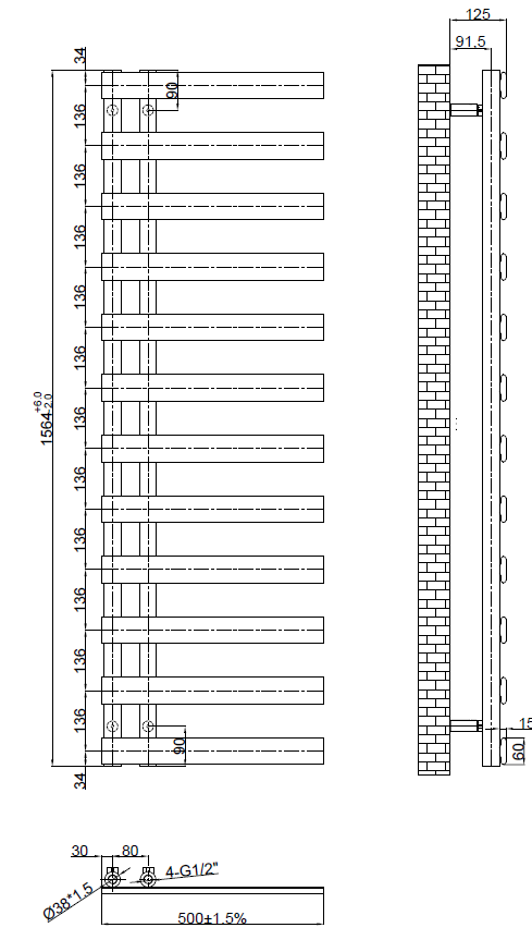 Milton Designer offset towel radiator 1564x500mm Brushed brass