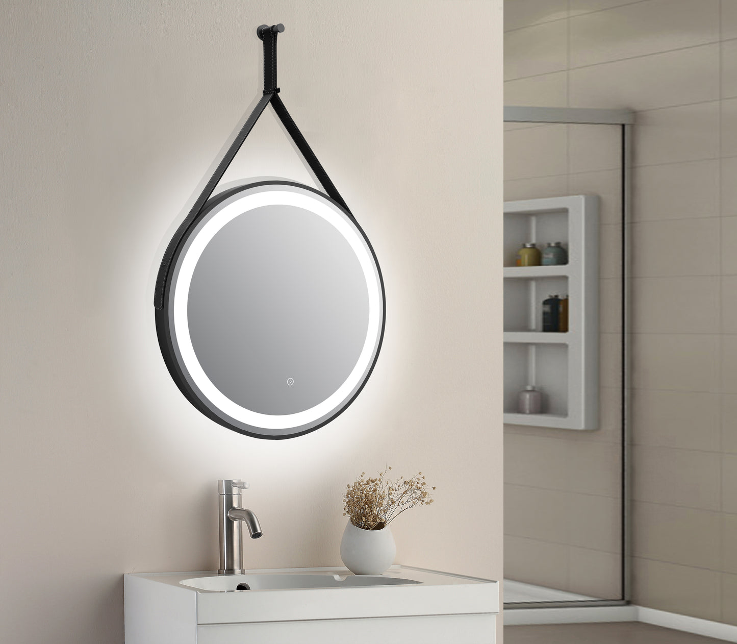 Tailored Delilah led round black mirror with hook and loop colour changing TIS3048