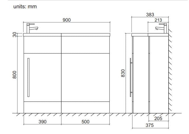 Verona 900 wide L-Shape furniture set including ceramic basin 3 colours