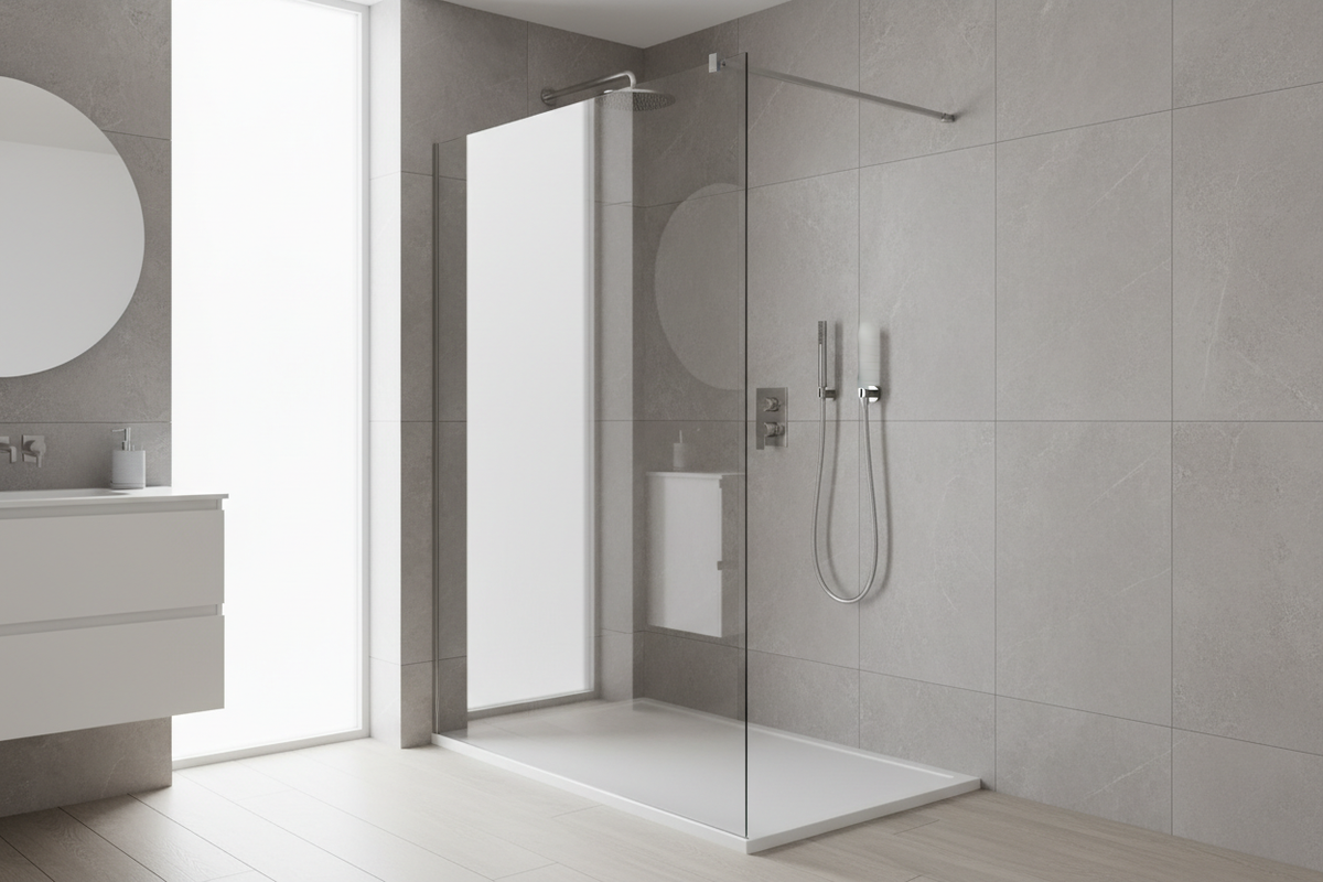 White low profile tray, grey tiles, frameless glass screen