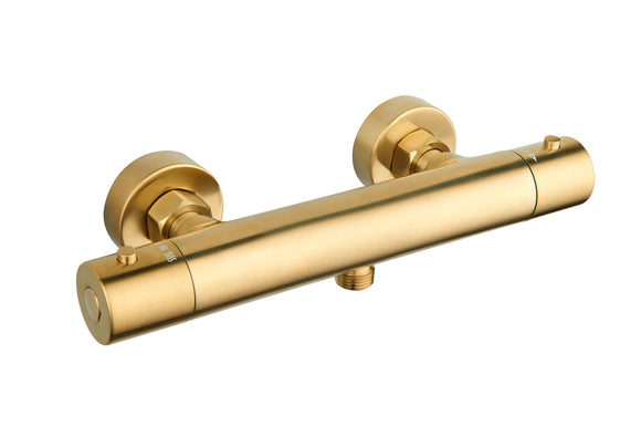 Exposed round thermostatic shower valve in brushed brass