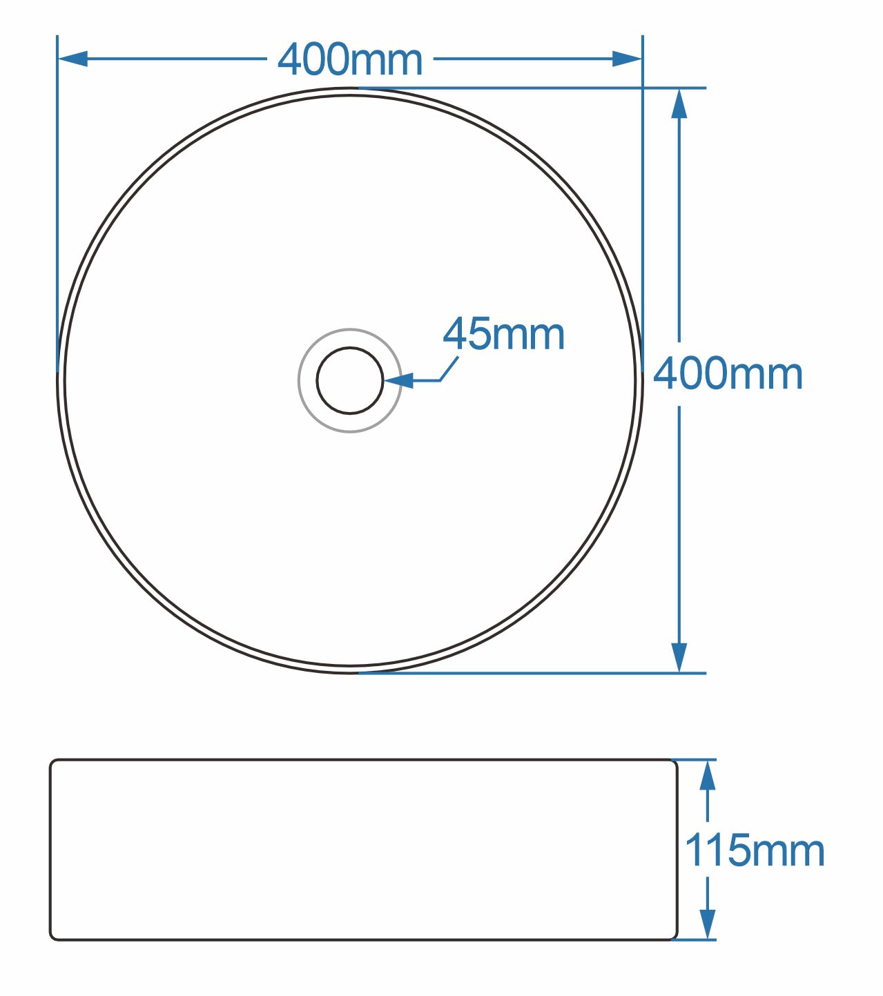 Orca round counter top basin in black 400mm