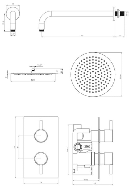 Chrome Round dual concealed shower valve 1 outlet complete set TIS0009