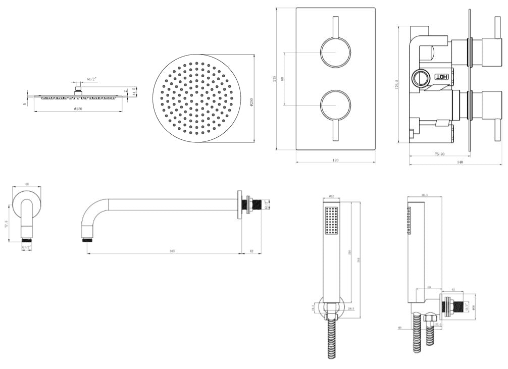 Chrome Round dual concealed shower valve 2 outlet complete set TIS0011