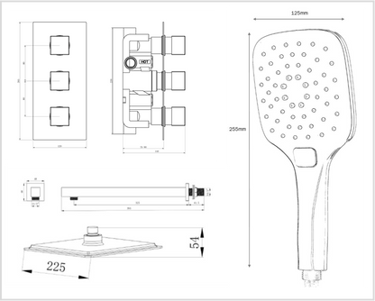 Black Square Triple concealed shower valve 2 outlet complete set TIS0132
