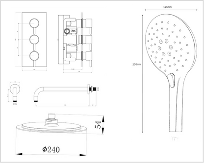 Black Round Triple concealed shower valve 2 outlet complete set TIS0133