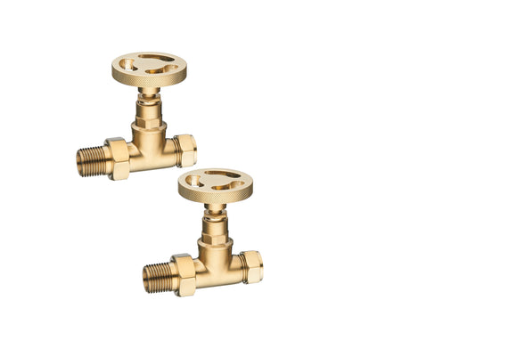 Maesteg straight industrial radiator valve in Brushed brass finish