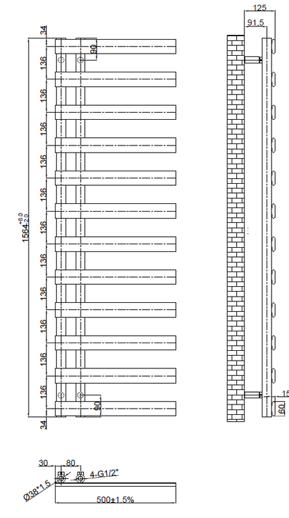 Milton Designer offset towel radiator 1564x500mm Brushed brass