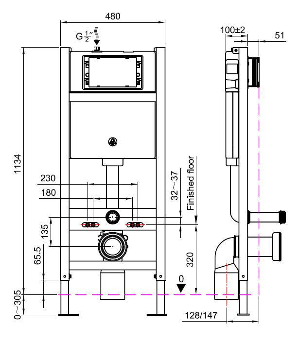 Concealed cistern and frame for wall hung pan with Brushed Brass plate