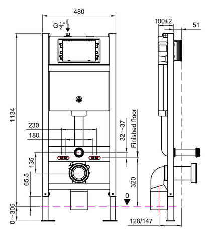 Concealed cistern and frame for wall hung pan with Brushed Brass plate