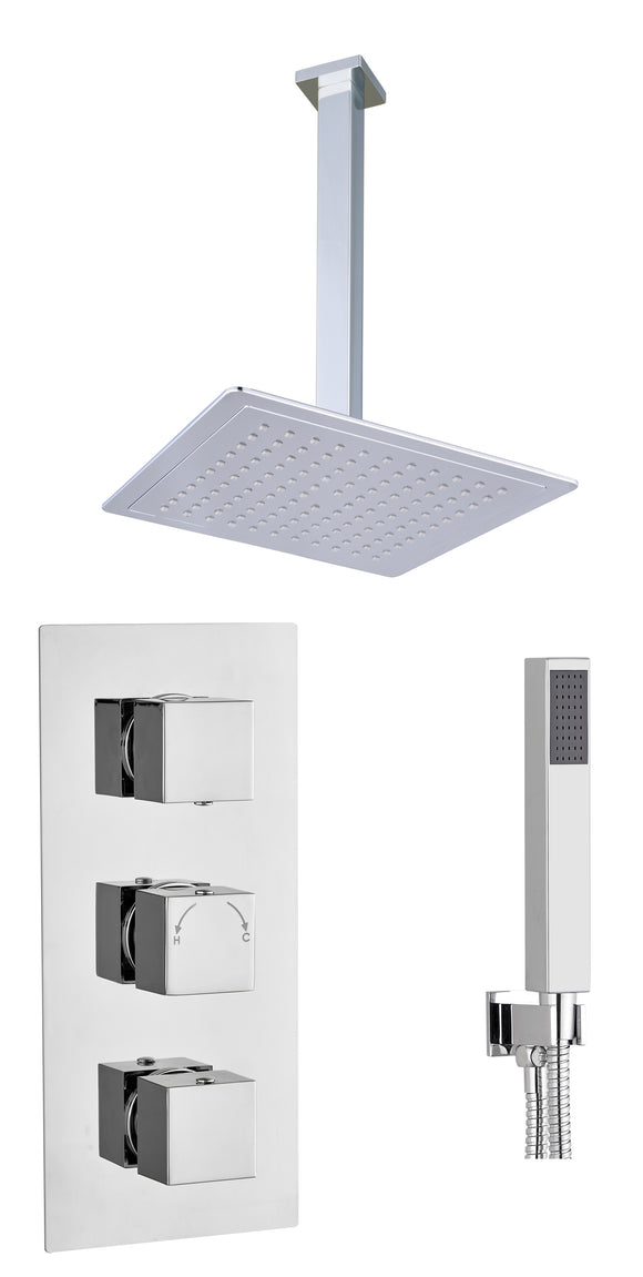 SQUARE CONCEALED TRIPLE VALVE SHOWER KIT 2 OUTLET WITH CEILING MOUNTED SHOWER HEAD AND HANDSET