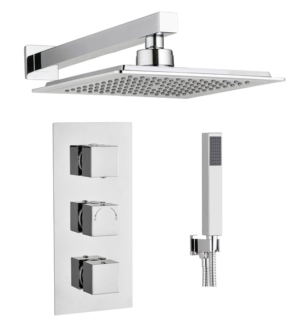 SQUARE CONCEALED TRIPLE VALVE SHOWER KIT 2 OUTLET WITH WALL MOUNTED SHOWER HEAD AND HANDSET