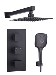 ORCA BLACK SQUARE CONCEALED TRIPLE VALVE SHOWER KIT 2 OUTLET WITH WALL MOUNTED SHOWER HEAD AND HANDSET