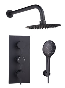 ORCA BLACK ROUND CONCEALED TRIPLE VALVE SHOWER KIT 2 OUTLET WITH WALL MOUNTED SHOWER HEAD AND HANDSET