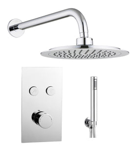 ROUND PUSH BUTTON CONCEALED TWIN OUTLET VALVE WITH OVER HEAD SHOWER AND HANDSET HOLDER