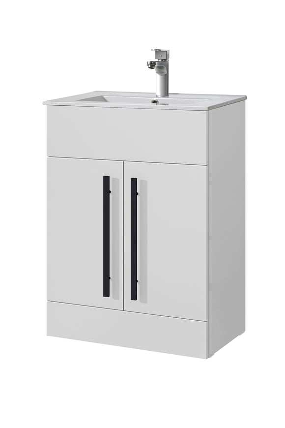 Sorrento 600mm 2 door vanity unit and ceramic basin, white, shadow grey, grey with black handles