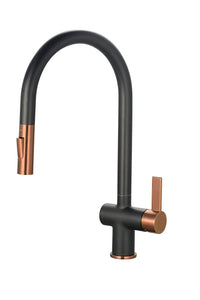 Tailored Mayhill Black and Rose gold single lever kitchen tap with pull out hose